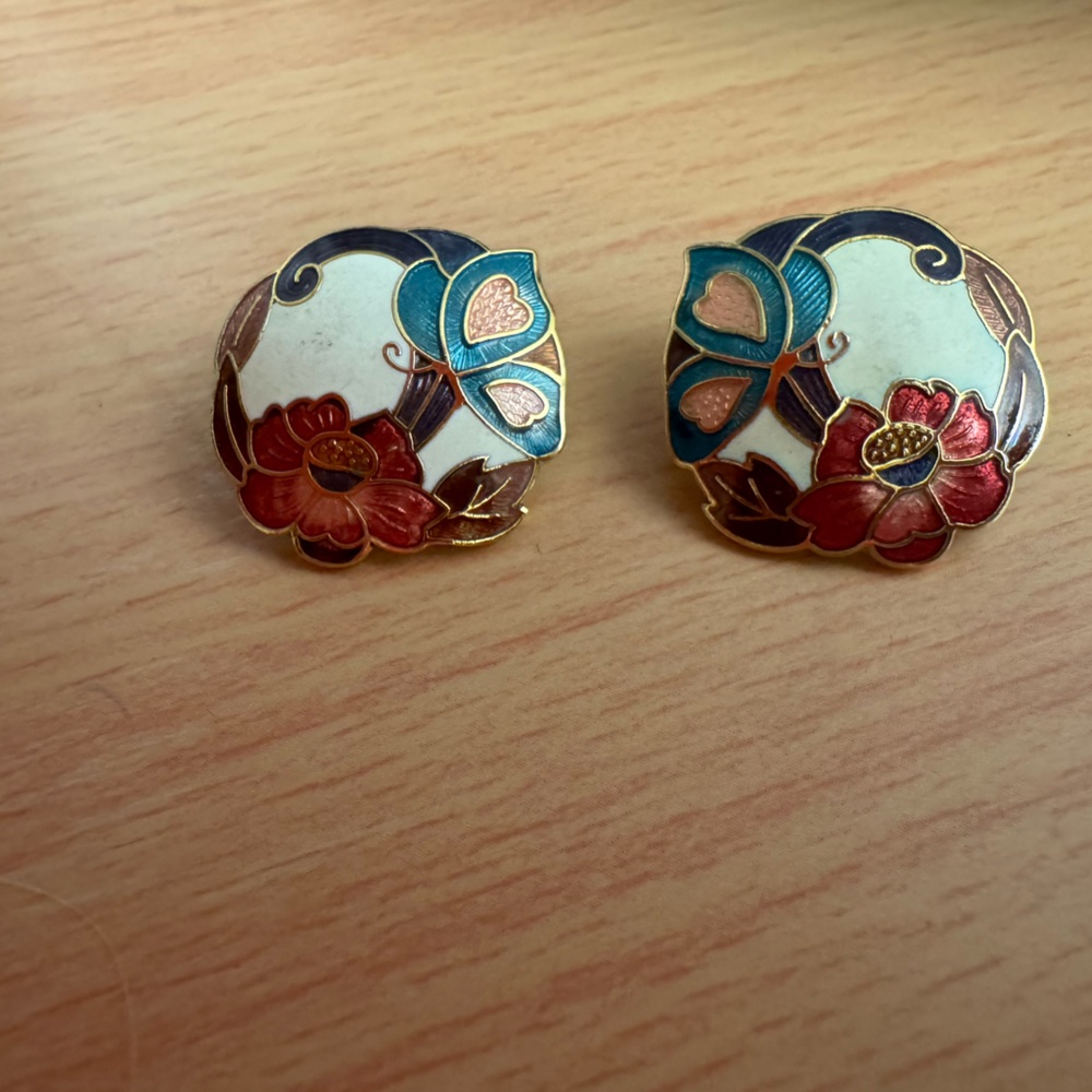 Vintage Avon Cloisonné Earrings. Nouveau Orchid Flower Butterfly from 1980’s